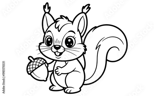Cute cartoon squirrel holding an acorn with bushy tail and twig Vector