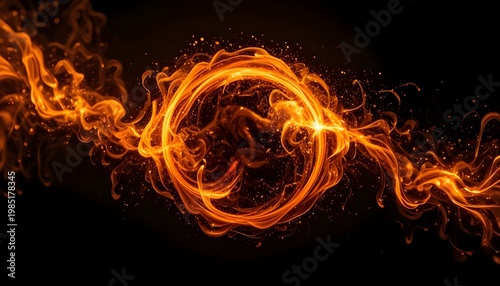 Fire particles swirl, black background