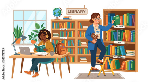 Two women in a library studying and organizing books.