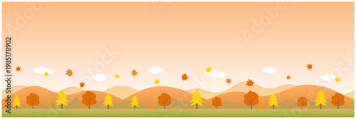 秋の山並みと紅葉の風景背景 横長バナー用イラスト 落ち葉と森林の自然景色