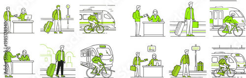 Various vector illustrations depicting people engaging in different travel activities like checking in, waiting, and cycling near public transport.