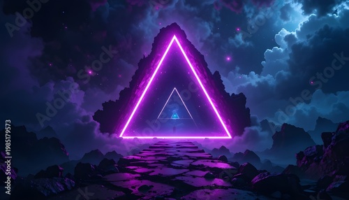 Neon triangle portal, dark space