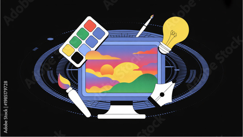 Modern computer setup displaying futuristic data visualization on screen with holographic elements Vector