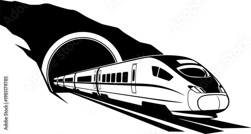 High-Speed Train and Mountain Tunnel Vector, Black and White Modern Rail Travel