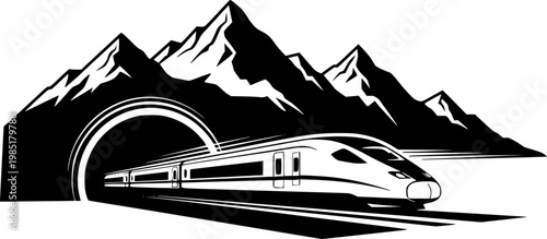 High-Speed Train and Mountain Tunnel Vector, Black and White Modern Rail Travel