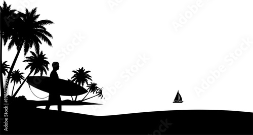 Surfer on Tropical Beach Silhouette Vector, Black and White Surfing Vacation Art