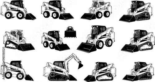 Set of Skid steer loaders Outline vector illustration isolated On Transparent Background