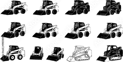 Set of Skid steer loaders Outline vector illustration isolated On Transparent Background
