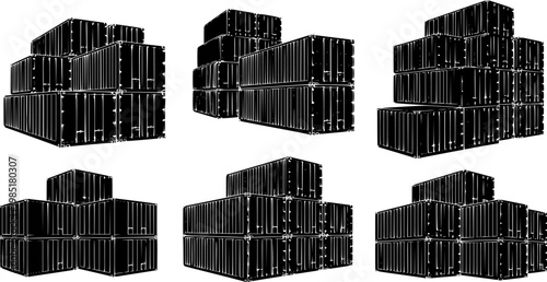 Set of Shipping containers Outline vector illustration isolated On Transparent Background