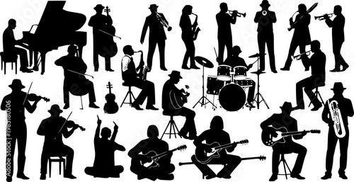 Large group silhouettes set of musicians playing various musical instruments vector collection.
