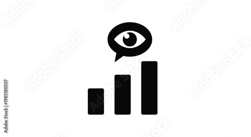 Clean vector graphic illustration of a bar chart showing growth, complemented by an eye icon within a speech bubble, signifying data monitoring, performance analysis, and business insights.
