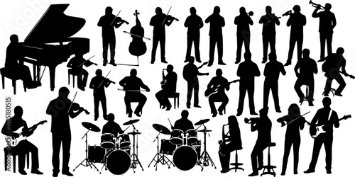 Large group silhouettes set of musicians playing various musical instruments vector collection.
