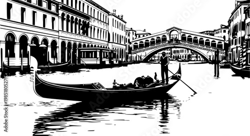 Venice Gondola on Canal Vector Illustration, Black and White Italy Travel Art