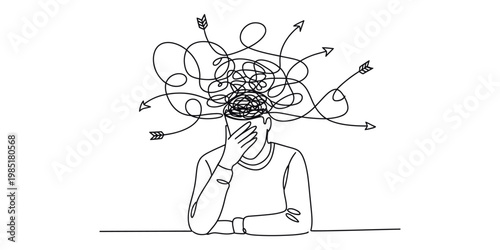 stress and burnout concept illustration, minimalist line art, person holding head with chaotic scribble cloud, symbolizing emotional exhaustion, mental overload, and confusion, clean vector design.