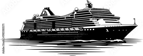 Luxury Cruise Ship on Ocean Flat Vector, Black and White Vacation Cruise Design