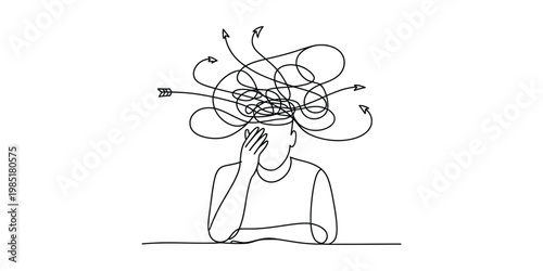 stress and burnout concept illustration, minimalist line art, person holding head with chaotic scribble cloud, symbolizing emotional exhaustion, mental overload, and confusion, clean vector design.