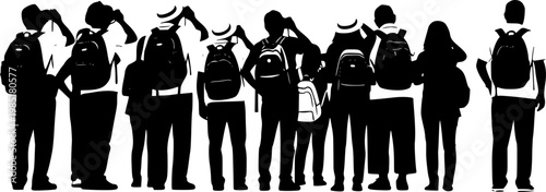 Tourists Sightseeing Silhouette Vector, Black and White Travel Photography Art