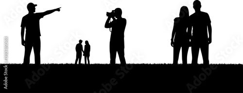 Tourists Sightseeing Silhouette Vector, Black and White Travel Photography Art