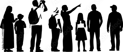 Tourists Sightseeing Silhouette Vector, Black and White Travel Photography Art