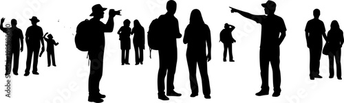 Tourists Sightseeing Silhouette Vector, Black and White Travel Photography Art