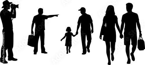 Tourists Sightseeing Silhouette Vector, Black and White Travel Photography Art