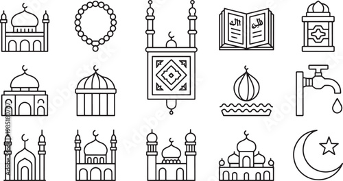 Collection of Islamic religious symbols and buildings, flat outline icons