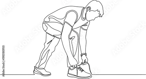 Continuous line drawing of a person tying shoelaces on sneakers, ready for activity.