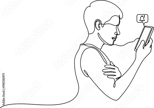 Young man receiving notification on smartphone, one line art drawing