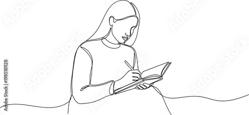 Continuous line drawing of a woman writing in a notebook, minimalist, elegant, thoughtful, creative process