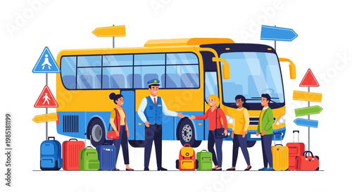 Tourists and Bus Driver Ready for Travel Adventure.