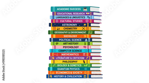 Stack of educational textbooks covering various academic subjects.