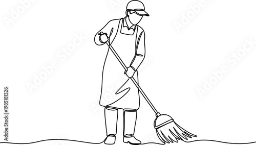Cleaner Sweeping Floor with Broom, Minimalist Line Art Single Line Drawing