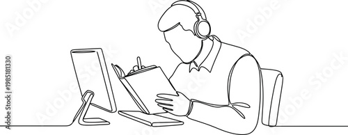 Continuous line drawing of person with headphones studying at desk with computer and notebook.