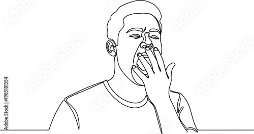Man yawning widely, covering mouth with hand, tired expression, single line drawing