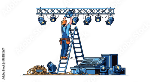 Stage technician installing lighting equipment on a truss system.