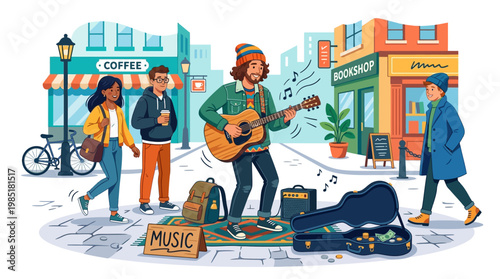 Street musician playing guitar for passersby.