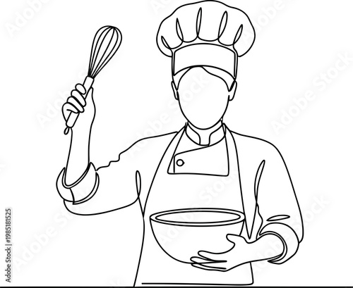 Chef With Whisk And Bowl, Continuous Line Drawing, Baking Preparation
