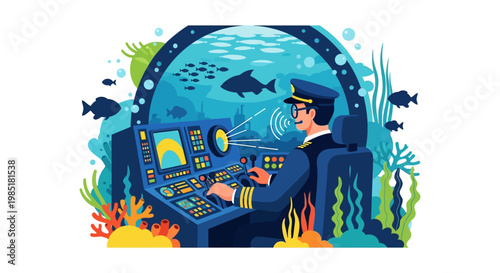 Submarine Captain Navigating Underwater Control Room.