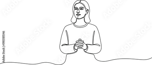 Continuous line drawing of a woman praying or meditating with clasped hands, minimalist illustration
