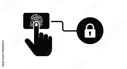 Minimalist vector graphic illustration showing a human finger scanning a biometric fingerprint sensor that activates a digital security padlock icon for modern technology data protection systems