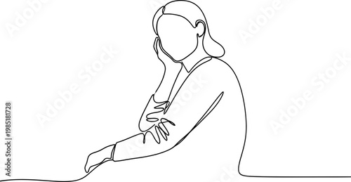 Minimalist continuous line drawing of a thoughtful woman sitting at a table, hand on face