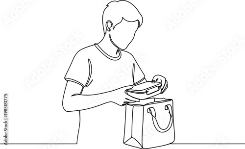Boy packing lunch box into bag, simple line art illustration for back to school