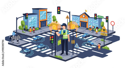 Traffic controller managing busy city intersection with safety vest.