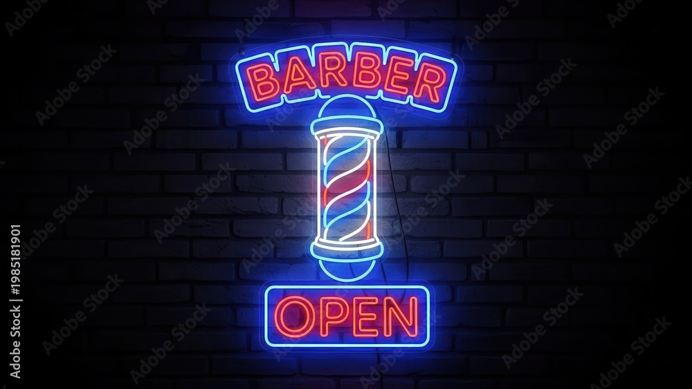 Fototapeta premium Vibrant neon barber pole sign illuminates a dark brick wall signaling business is open now