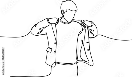 Continuous line drawing of a man putting on a suit jacket, elegant business attire, minimalist style.
