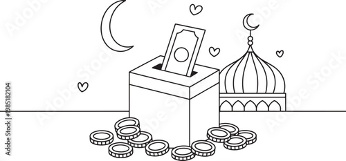 Islamic donation box with banknote and coins near mosque dome, line art illustration