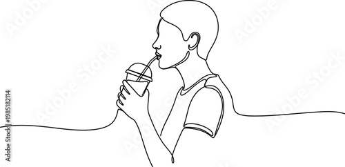 Continuous line drawing of a person drinking from a cup with a straw.