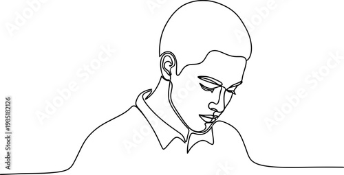 Single line drawing of a thoughtful young man looking down, minimalist portrait