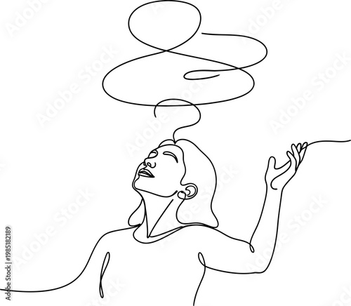 Woman's head with abstract swirling thoughts, continuous line art