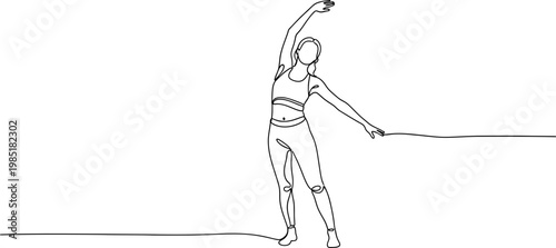 Continuous line drawing of a woman stretching, performing yoga pose, fitness and healthy lifestyle